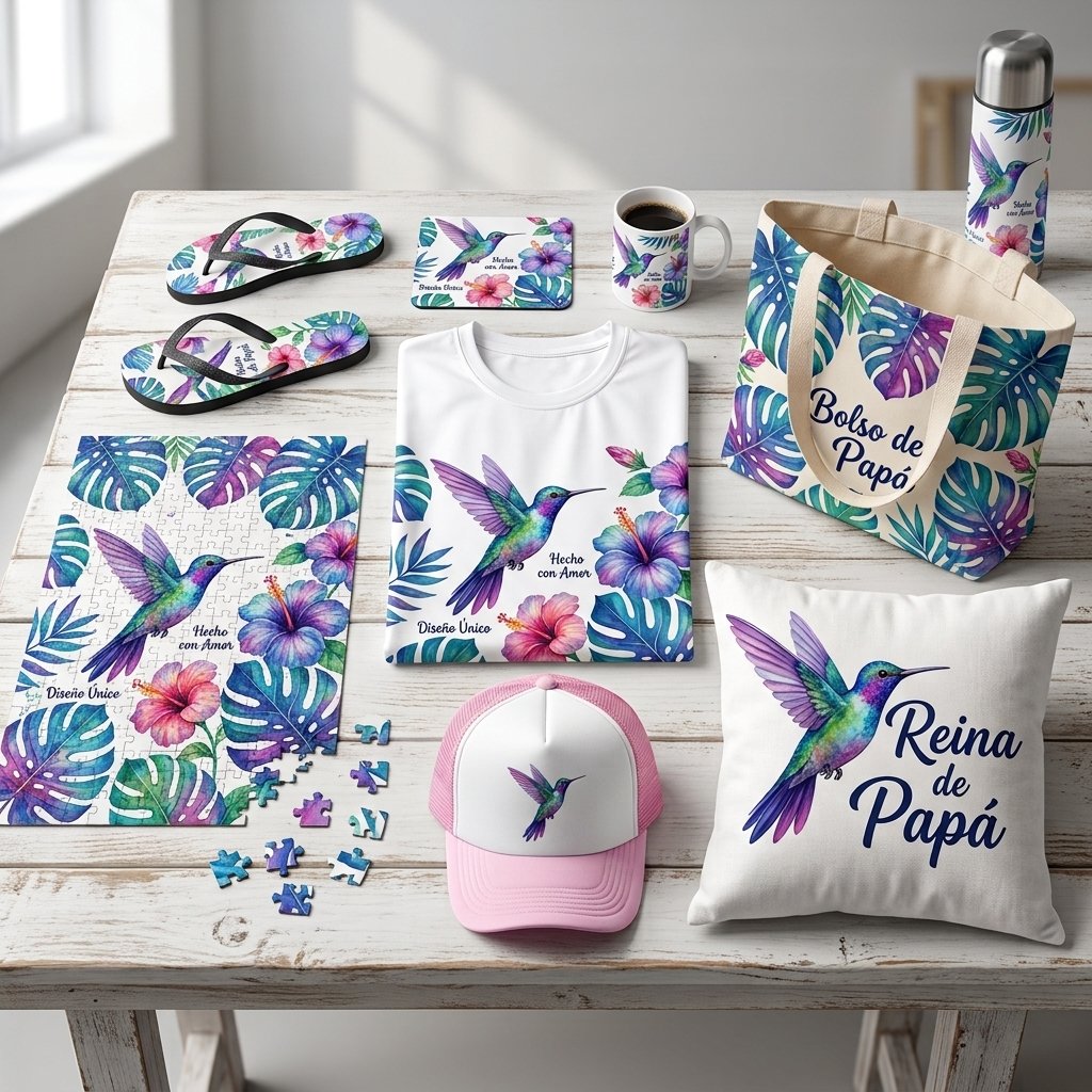 varios productos sublimados con imagen de colibrí